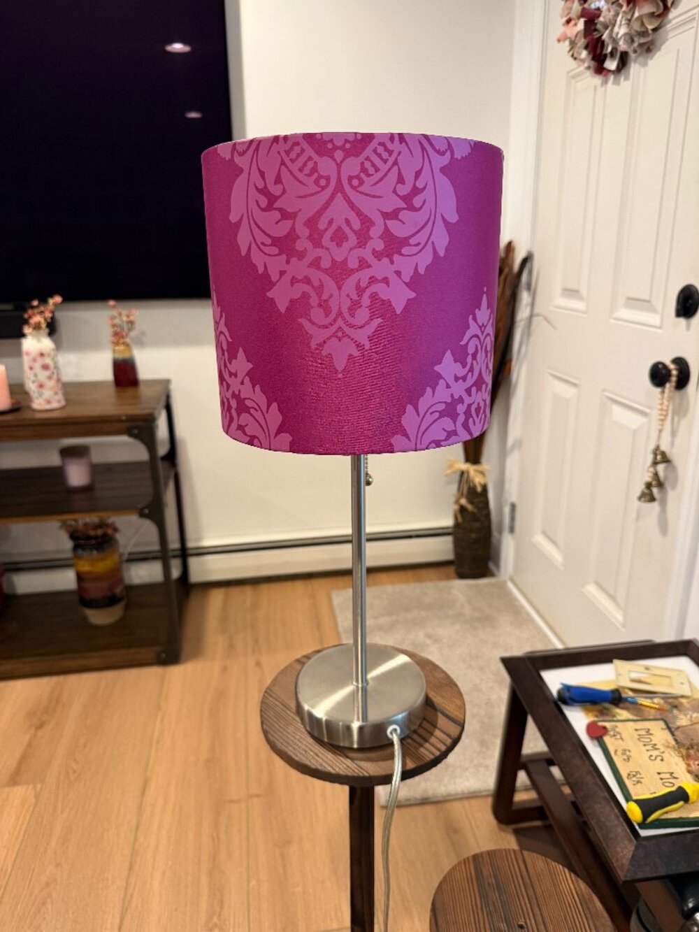 Purple Damask Stick Lamp w/Silver Metal Base & Pull Chain, Modern Table Lamp